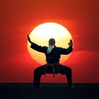 An old man in karate pose with the sun in the background photo
