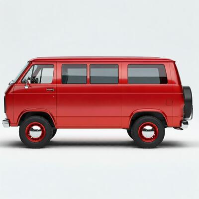 A red van is shown in a white background