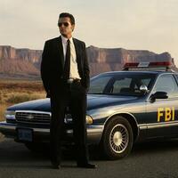 A man in a suit standing next to a police car photo