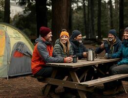 A group of people sitting at a picnic table in the woods photo