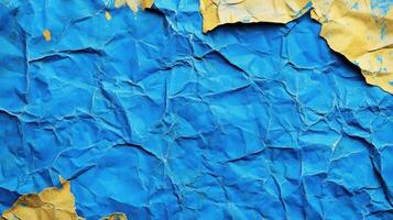 Crumpled paper background with blue and gold paint photo