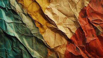 Crumbled tricolor flag, textured background, grunge detail, history photo