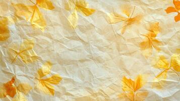 Autumn leaves on crumpled paper background photo