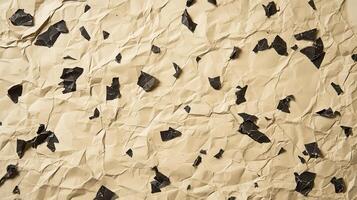 Crumpled beige paper, black scraps, textured background, design element photo