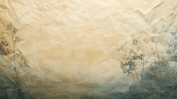 Crinkled paper texture background with plants photo