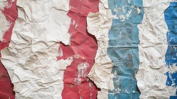 Crumbled paper on weathered red, blue wall photo