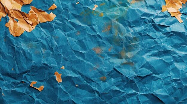Crumpled blue paper texture background, gold scraps photo
