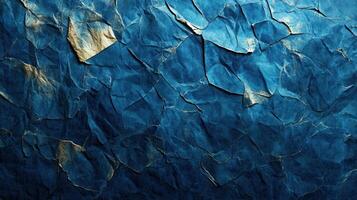 Crumpled blue paper texture, gold highlights, background, design photo