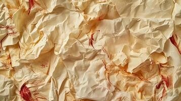 Crumpled beige paper texture with red ink splatters, studio shot photo
