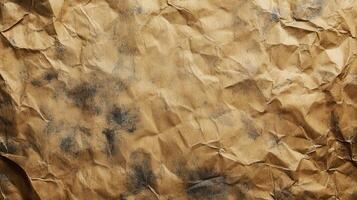 Crumpled brown paper texture, dark stains, grunge background, design element photo
