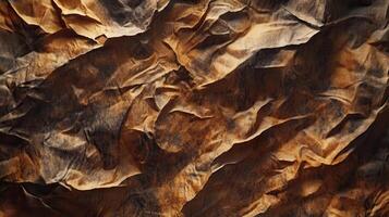 Crumpled brown paper texture, dramatic lighting, background blur, design element photo