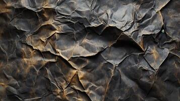 Crumpled dark paper texture, gold highlights, background blur, design element photo
