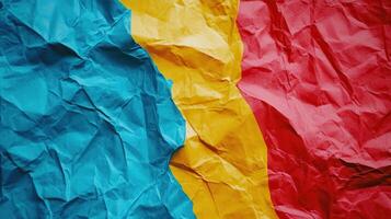 Crumpled blue, yellow, red paper texture background photo