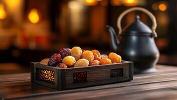 Dried fruits in wooden box, warm lighting, traditional setting, food photography, possible use for a healthy snack, advertisement photo