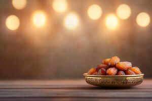 Dates in decorative bowl, blurred bokeh background. Possible use Stock photo for food, Ramadan, or Middle Eastern themes