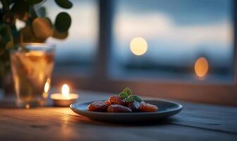 Dates on plate, dusk light through window, calm scene photo