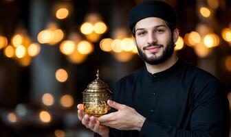 Man holding ornate container, festive background, potential use religious celebration stock photo