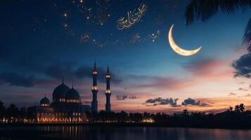 Mosque at twilight with crescent moon and glowing calligraphy photo