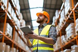 Warehouse worker using tablet inventory management photo