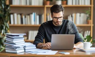 Focused Man Working on Laptop in Library Setting photo