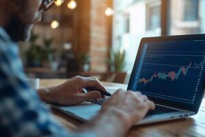 Man analyzing stock chart on laptop in cafe photo