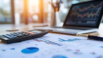 Business documents, laptop, and calculator on a desk. Charts and graphs visible. Possible use for stock photos