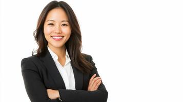 A woman in a business suit is smiling photo