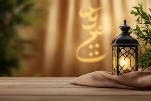 Illuminated lantern on wooden table, Eid celebration backdrop photo