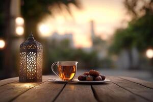 Sunset Iftar Dates, tea, lantern on wooden table photo