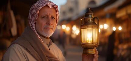 Man holds lantern in Middle Eastern market at dusk photo