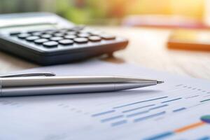 Business documents, pen, calculator, blurred background, office scene, analysis, use for stock photo