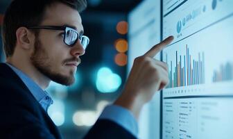 Analyst reviewing data on interactive display, night office photo