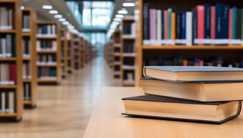 Books on library table, aisle background, education photo