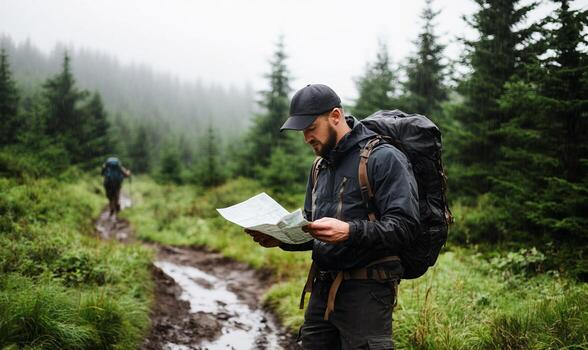 Hiker consulting map in misty mountains. Possible use Stock photo