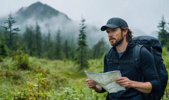 Man Hiking, Reading Map, Mountain Background photo