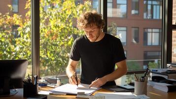 Man Working at Desk, Sunlight Through Window photo