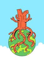 Tree with roots holding earth cartoon illustration vector