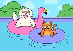 Dog and cat at the pool on floaties cartoon hand drawn illustration vector