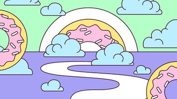 Planet donuts with rainbow and floating cloud and milk river illustration vector