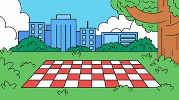 Picnic area in a park setting with a checkered blanket cartoon illustration vector