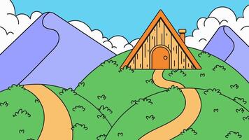 Cabin in the hills and mountain with sky background illustration cartoon hand drawn vector