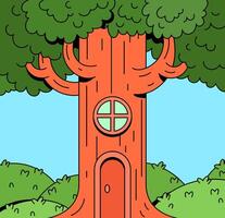 treehouse in tree illustration cartoon hand drawn vector