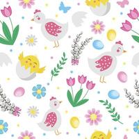 Easter seamless patterns with funny cartoon characters and floral elements vector