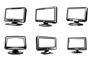 Monitor flat outline icon set in black vector