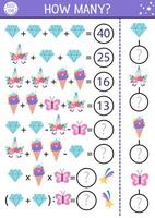 Fairytale how many crystals game, equation or rebus. Unicorn math activity for school children. Magic world simple printable counting worksheet for kids with ice cream, butterfly, horn vector