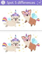 Find differences game for children with unicorn cat and dog. Fairytale educational activity with funny animals with horns. Cute puzzle for kids with funny fantasy characters. Printable worksheet vector
