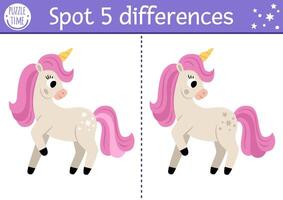 Unicorn find differences game for children. Fairytale educational activity with horse with horn. Cute puzzle for kids with funny fantasy character. Printable worksheet, page for attention skills vector