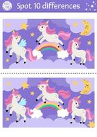 Find differences game for children with unicorns. Fairytale educational activity with horse with horn, rainbow, magic night landscape background. Cute puzzle for kids with funny fantasy character vector