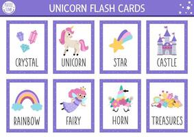 unicorn flash cards set with fairy, castle, rainbow. Fairytale English language game with cute characters for kids. Magic or fantasy flashcards. Simple educational printable worksheet vector