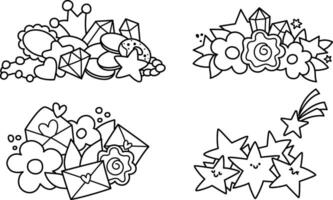 black and white unicorn treasures set. Cute line compositions with letters, hearts, flowers, pile of fallen stars, diamonds and crown. Magic or fairytale icons or coloring page collection vector